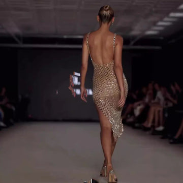 Sexy socialite V Asymmetric Neckline European and American Style Backless Cross-border Tailored Rhinestone Dress