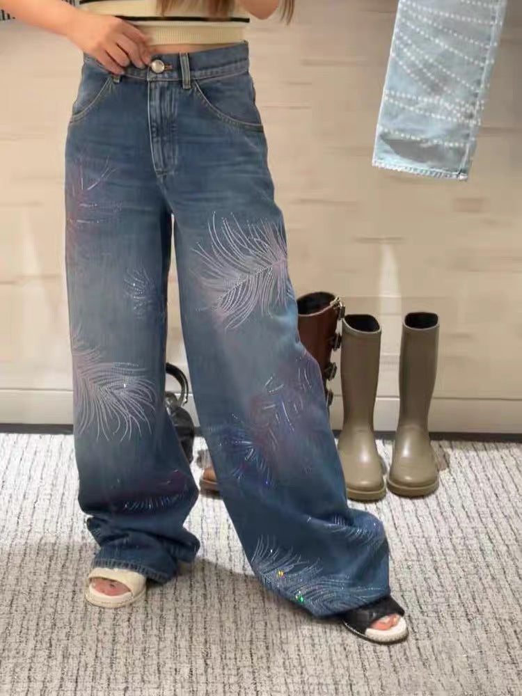 Rhinestone Versatile Slimming Vintage Washed High-Waisted Wide-Leg Jeans
