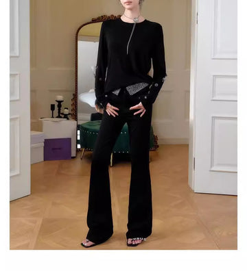 Black Hot Drilling Stretch Slim Fit Horseshoe Trousers Fashion Turn-over Head Casual Stretch Pants