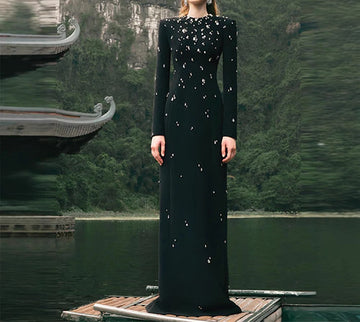 Bandage Long Sleeve Full Diamond Shiny Elegant Dress
