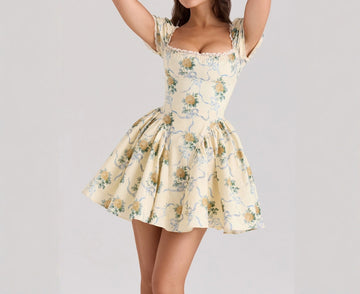 French Sweet Retro Oil Painting Style Bow Tie Puff Dress for Women Lace Princess Dress