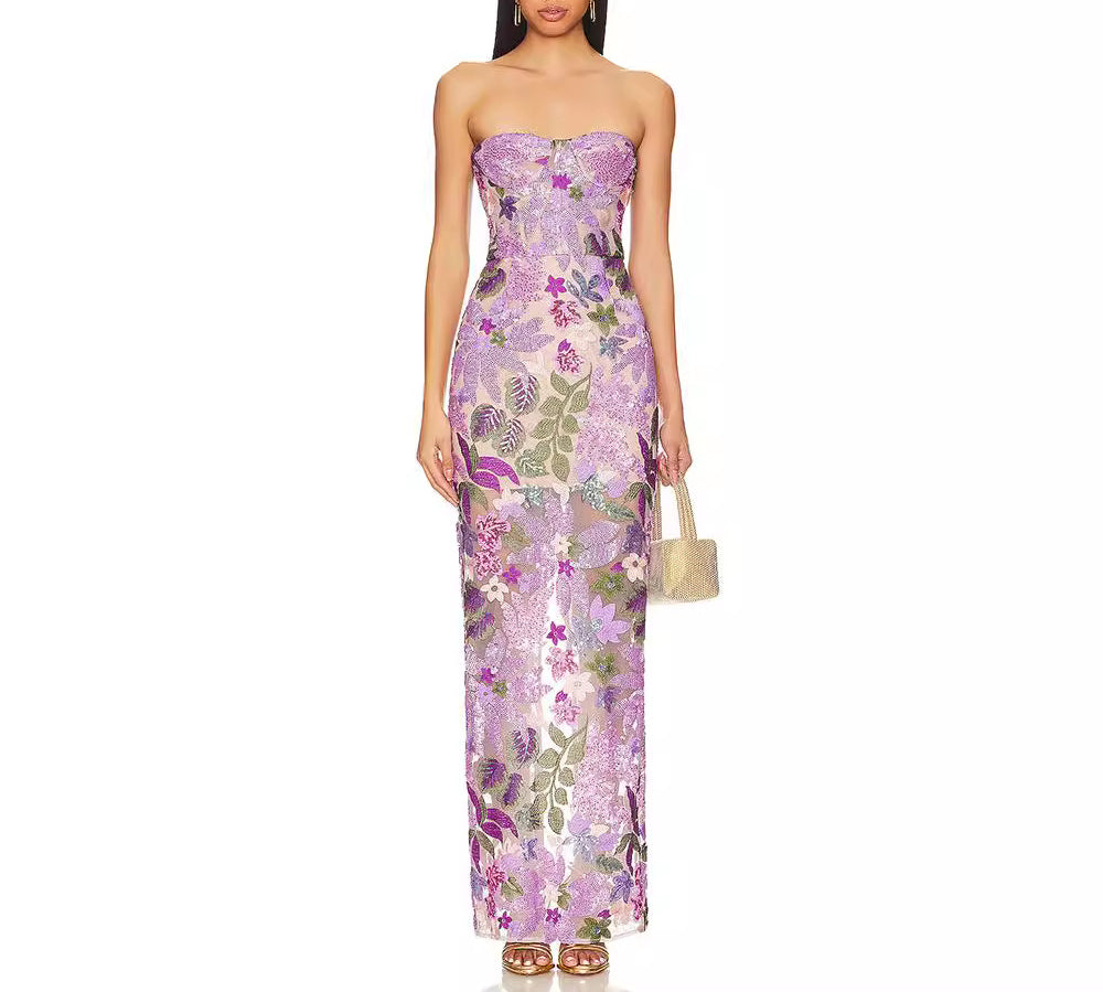Heavy Embroidery Sequin Strapless One-Step Dress Slim Fit Sexy Slimming Slit Long Dress Gown