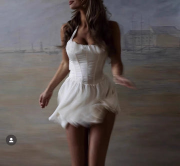 Lotus leaf white wave mesh fishbone waist back strap fairy dress