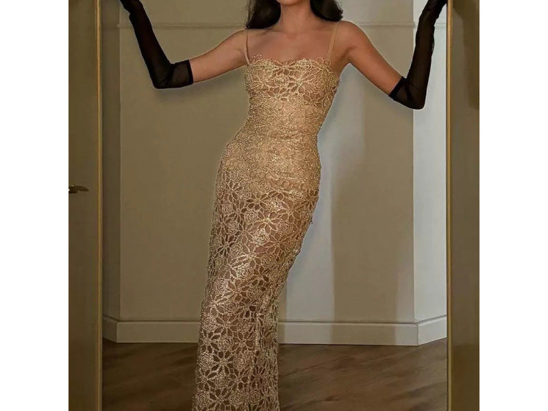 Champagne Gold Hollow French Style Elegant Spaghetti Strap Dress Niche Slim Fit Split Gown Long Dress