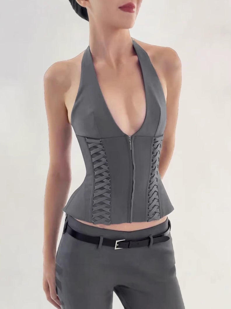 Siren Wind V Strappy Waist-Cinching Suit Camisole Backless Bra+Shorts Suit