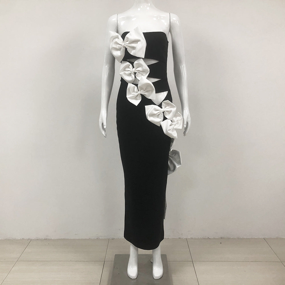Strapless Bow Bandage Dress Fashion Simple Black Party Dress
