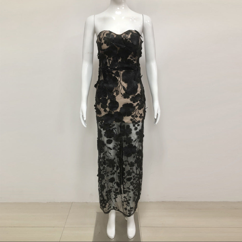 Three-dimensional Mesh Color Embroidered Embroidered Stage Clothing Performance Clothing Long Dress Women's