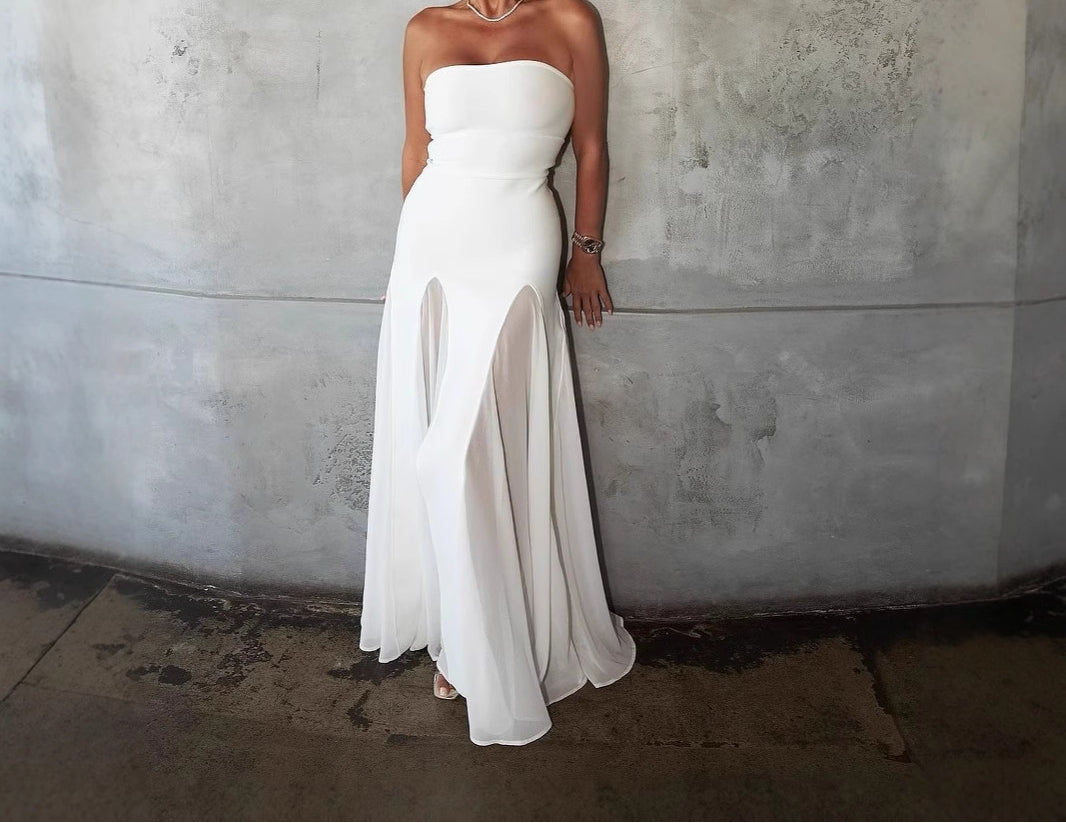 Sheer Mesh Bandage Patchwork Long Dress Off-Shoulder Scarf High-End Gown Dress