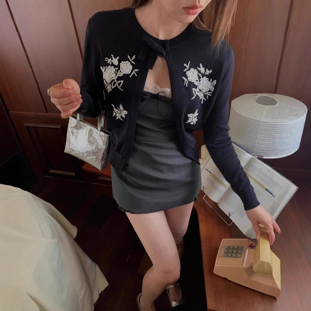 Handmade Embroidered Beads Vintage dark blue Beads Flower Knitted Top Cardigan Women