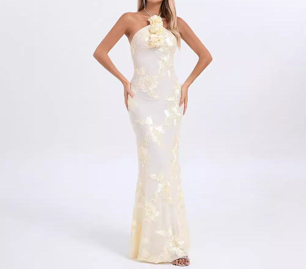 Elegant Halter Neck Dress with Floral Embellishments and Gold Foil Slim Fit Long Dress