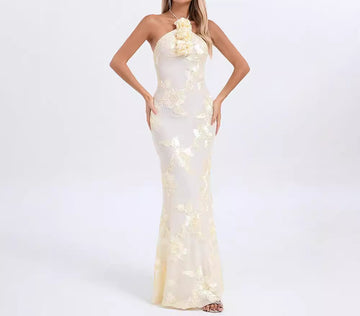 Elegant Halter Neck Dress with Floral Embellishments and Gold Foil Slim Fit Long Dress