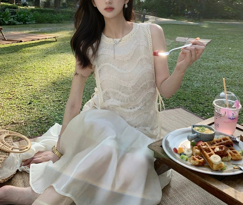 Heavy Mesh Patchwork Vest Dress New High-End Light Luxury Long Dress for Women
