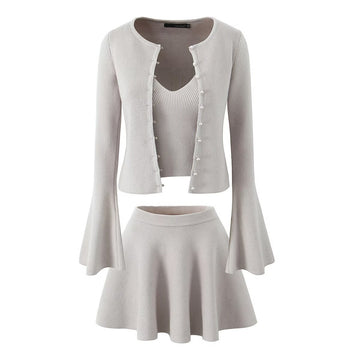 Beige Gray Knitted Cardigan + V-neck Camisole Mini Skirt Elegant Three-piece Set