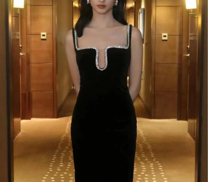 French Sexy Ladies Diamond Decorations Square Collar Party Banquet Dress Velvet Skirt