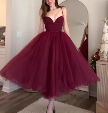 Fairy Princess Dress Wine Red Waist Slimming Mesh Puff Mid-Length Dress for Women