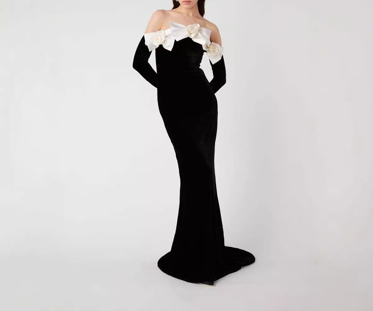 off-shoulder long-sleeved dress Hepburn fishtail dress bow flower