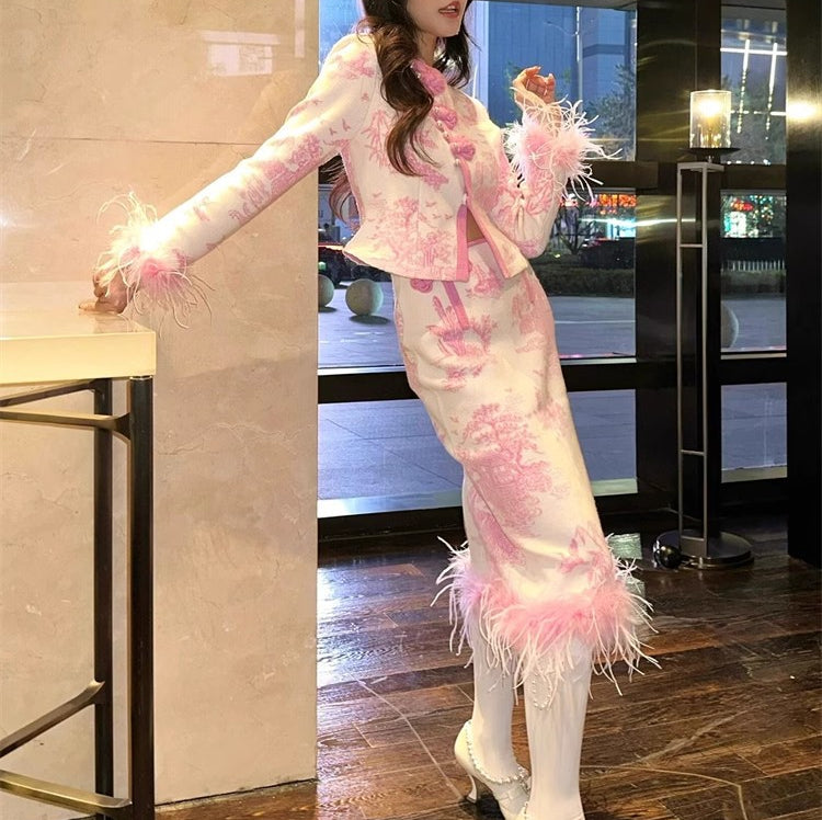 Pink Ostrich Feather Jacquard Sweater Midi Dress Knit Set Top