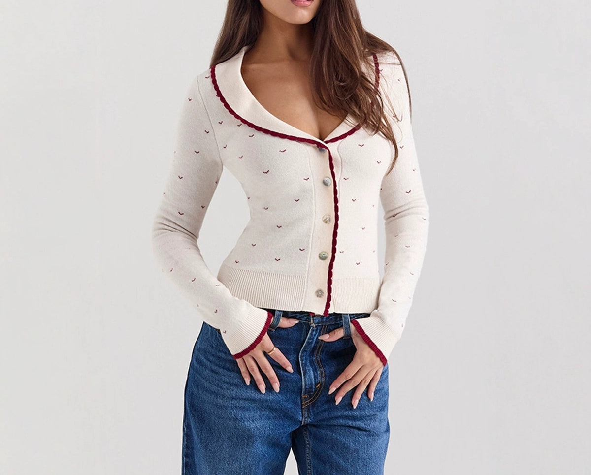 French Retro Sweet Little Chanel Style Color-Block Doll Collar Knitted Cardigan Jacket Top
