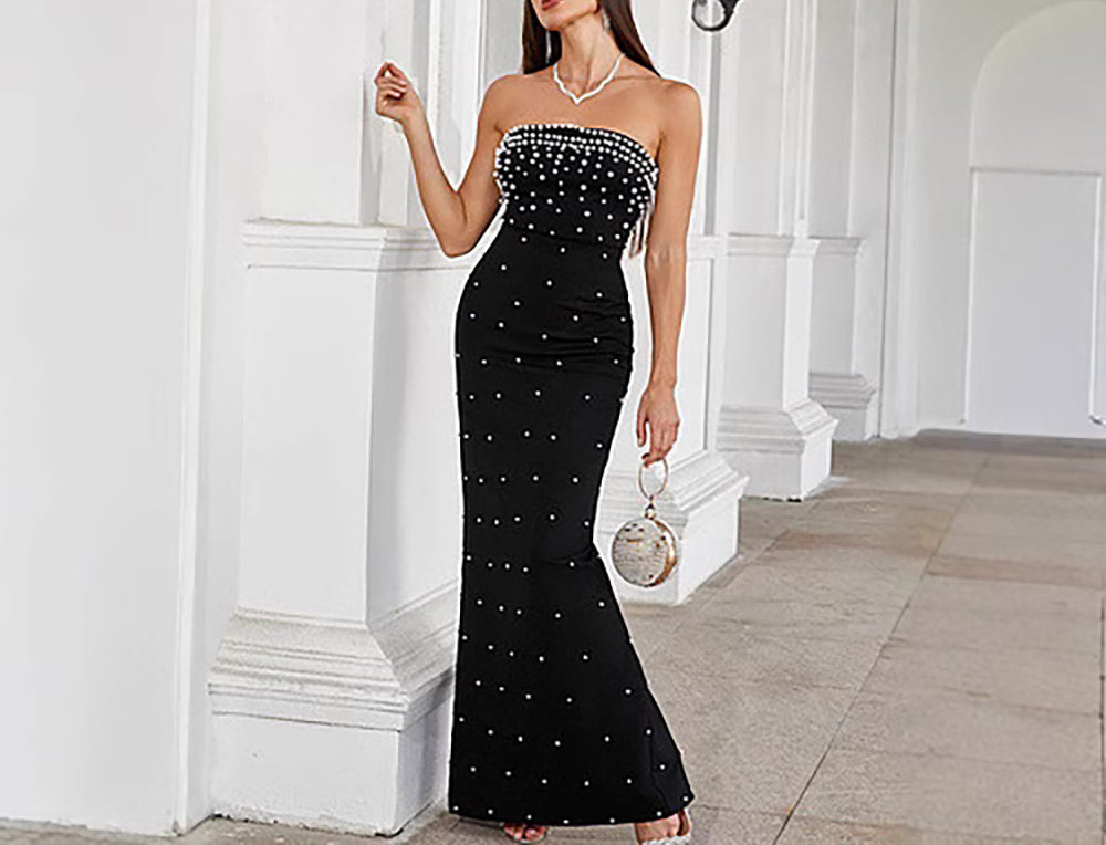 Black Strapless Sexy Bubble Embellished Long Dress for Tall Women