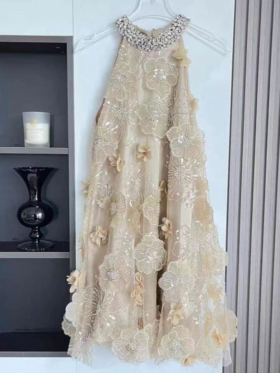 Champagne Color 3D Embroidered Beaded Floral Luxury Fashion Halter Neck Heavy Beaded French Style Dress for Women