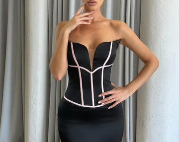 Flower Strapless Deep V Black and White Stripe Sleeveless Bandage Dress