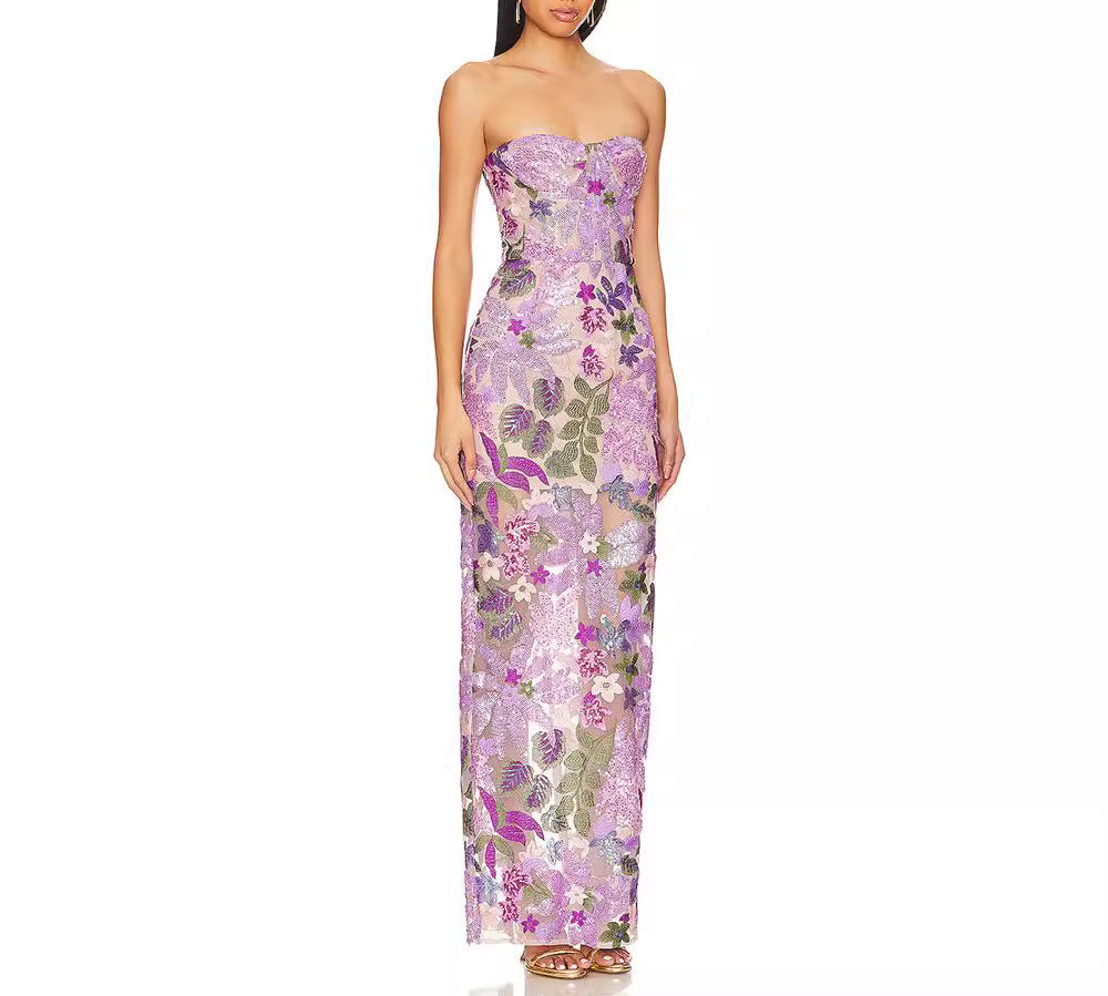 Heavy Embroidery Sequin Strapless One-Step Dress Slim Fit Sexy Slimming Slit Long Dress Gown