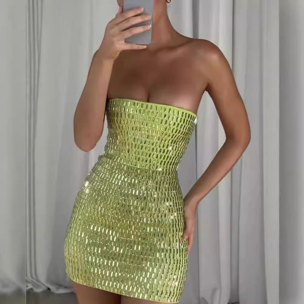 Mesh Dress Sexy Rhinestone Short Elastic Strapless Dress