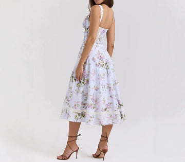 French Romantic Pastoral Style Lilac Floral Print Lace Patchwork Waist-Cinching Midi Dress