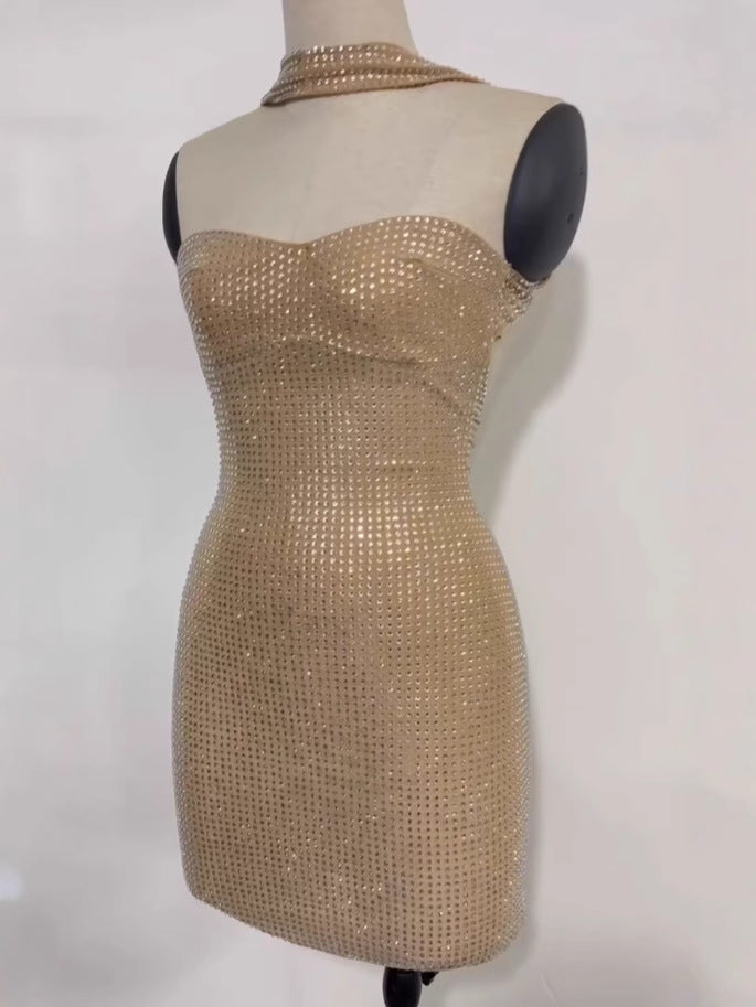 Off-Shoulder Rhinestone Bodycon Short Dress Sexy Backless Dress for Women