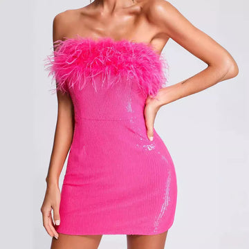 Ostrich Feather Patchwork Sequin Sexy Bodycon Tube Top Short Dress for Women