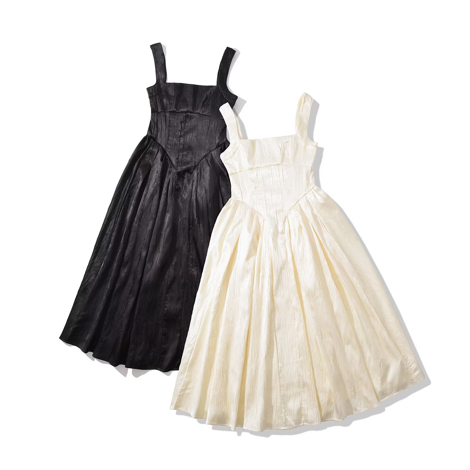 Elegant Black Textured Satin Corset Midi Dress for Women Summer Vacation Long Dress