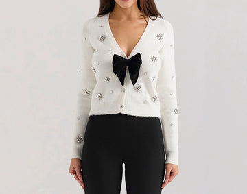 New French Style Elegant Chanel-inspired Heavy Embroidered Rhinestone Bow Soft Knit Sweater
