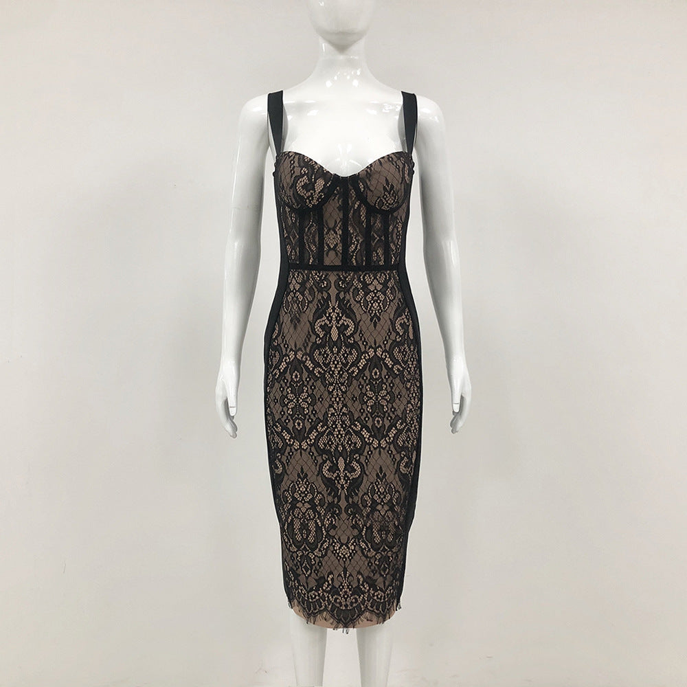 Low-Cut Sexy Lace Strap Bandage Dress Tight-Fitting French Style Bodycon Maxi Dress for Women