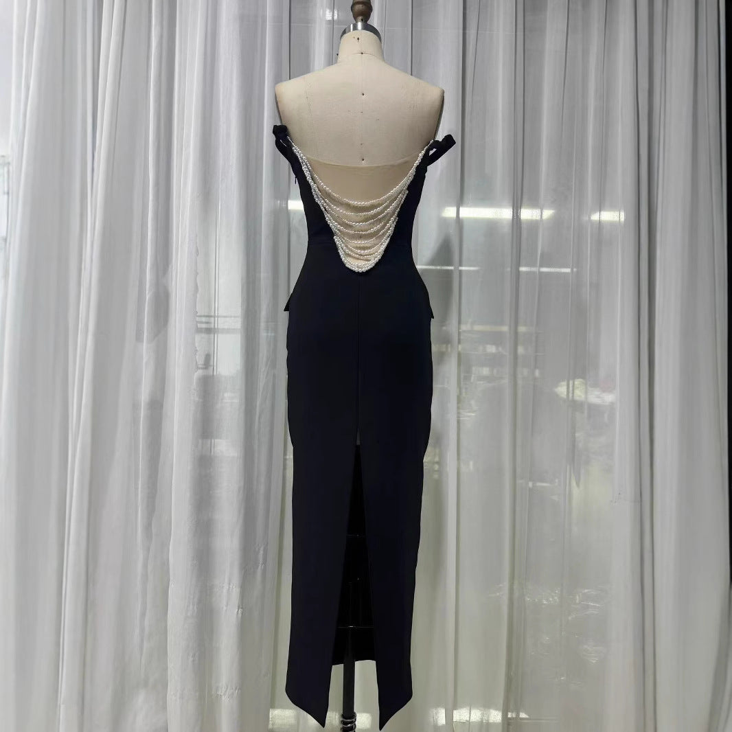 Black Pearl Backless Off-Shoulder Dress High-End Feel Banquet Birthday Gown Long Dress