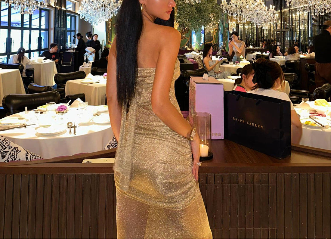 Autumn Winter Romantic Sexy Stretch Metallic Half Hollow Tight Slim Layered Dress Long Dress for Women