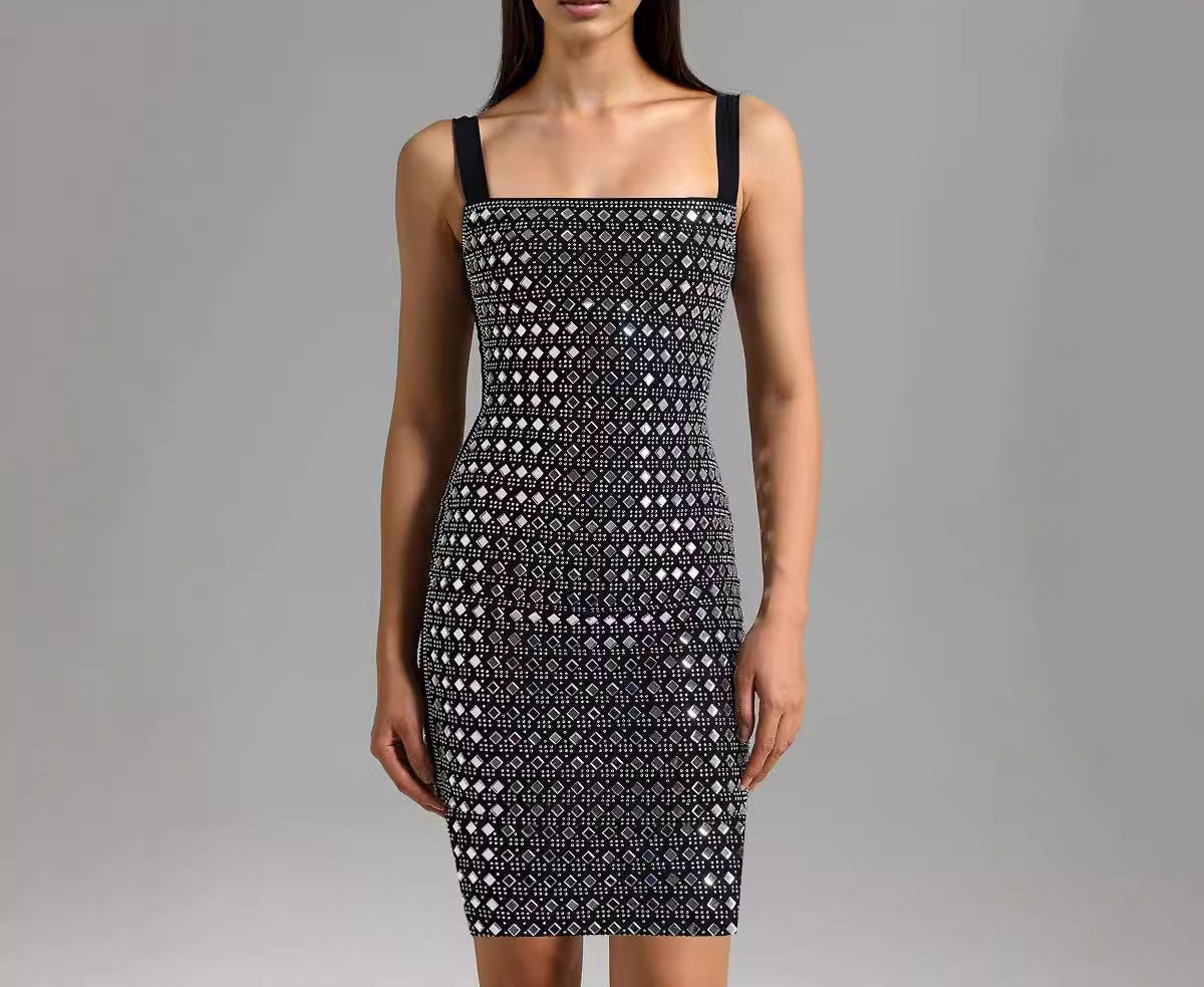 Sexy Backless Slim Fit Rhinestone Strap Dress Short Birthday Party Evening Gown