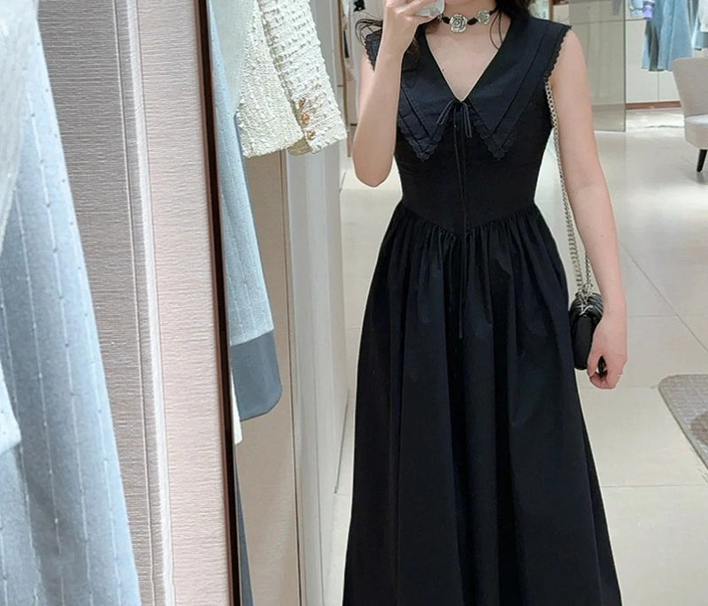 Black Turn-Down Collar Sleeveless Dress with Light Luxury and Stylish Design a Long Skirt
