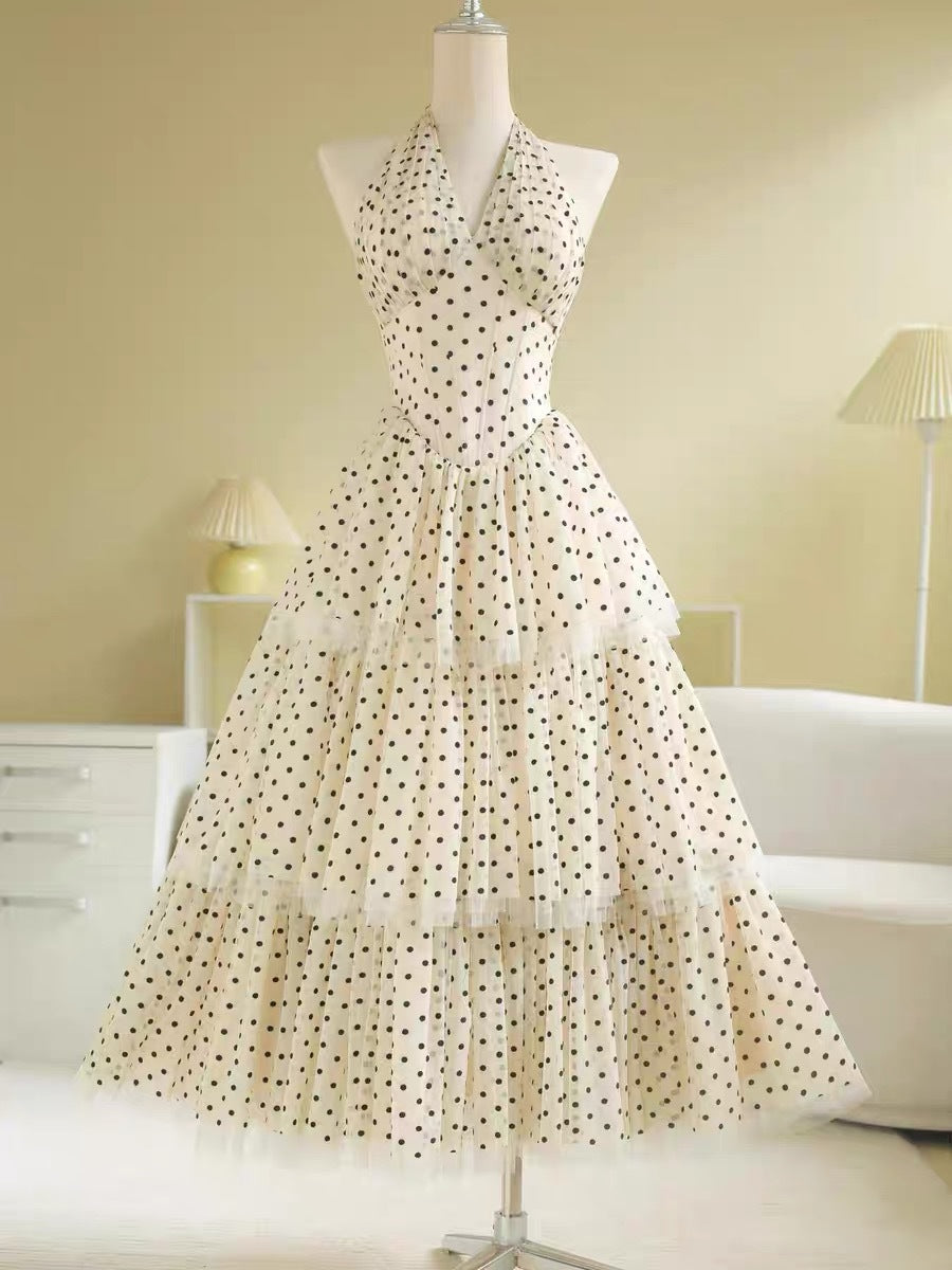 Princess Style Halter Neck Slim Fit Polka Dot Layered Lace Trim A Line Skirt Women