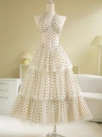 Princess Style Halter Neck Slim Fit Polka Dot Layered Lace Trim A Line Skirt Women