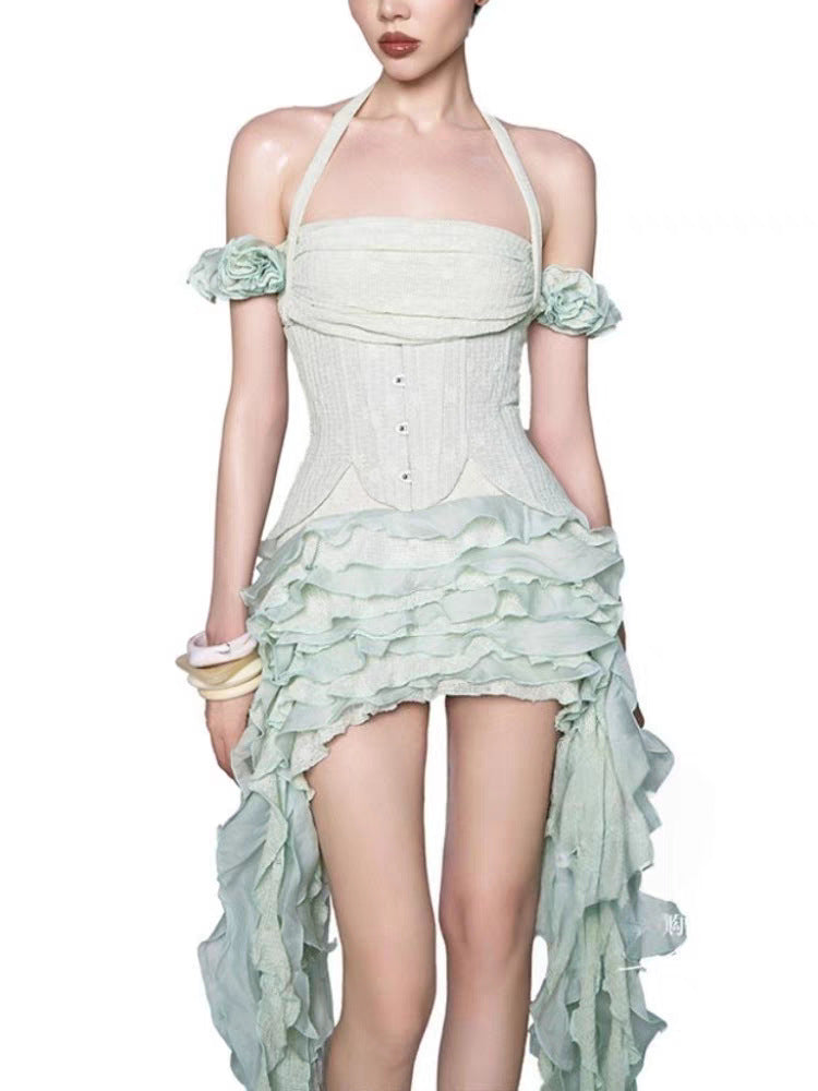 Sexy Halter Neck Three-Dimensional Floral Beach Vacation Irregular Tassel Dress