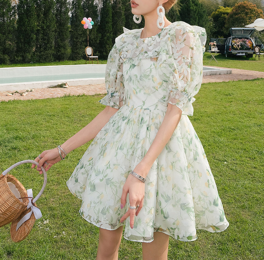 Mesh Jacquard Printed dress dress Women's Puff Sleeve Mesh Profile Printed Skirt