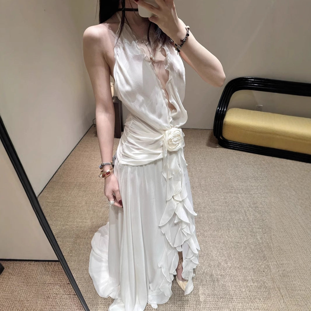 French Style Vacation Style V-neck Halter Stringy Selvedge Dress Chiffon Three-Dimensional Flower Backless Sexy Evening Dress Women
