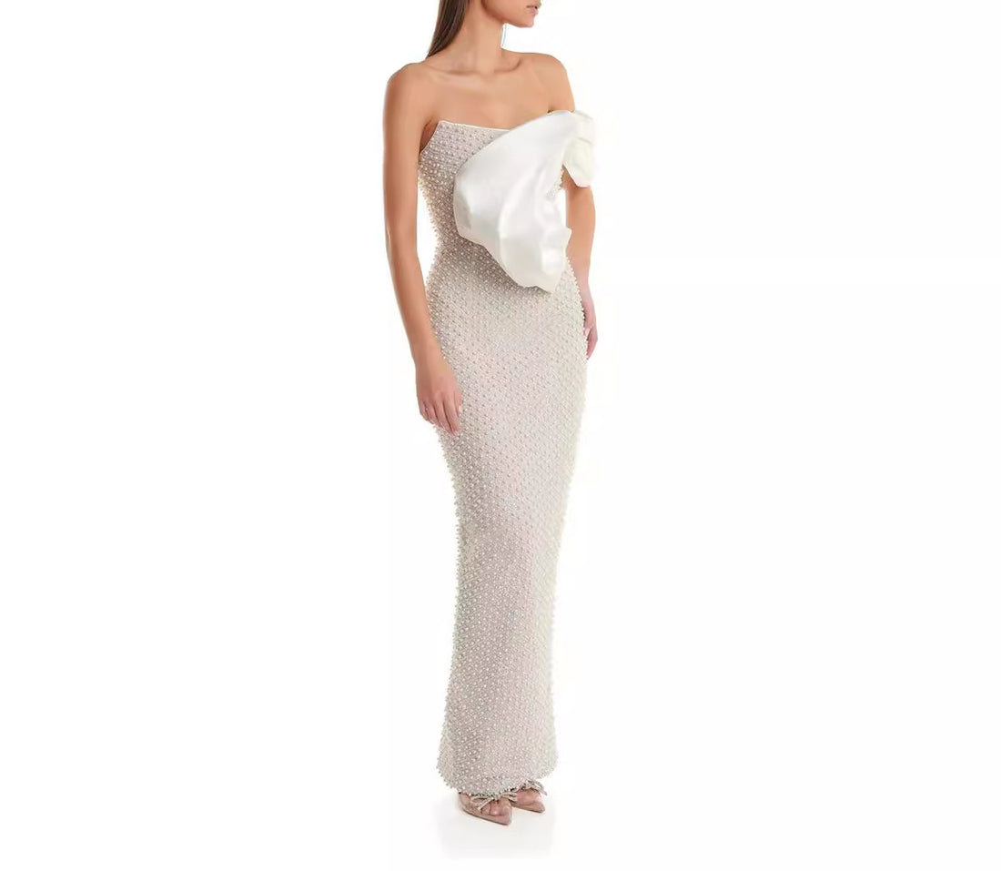 Sexy Off-Shoulder Long Dress with Pearl Decorations, Socialite Style