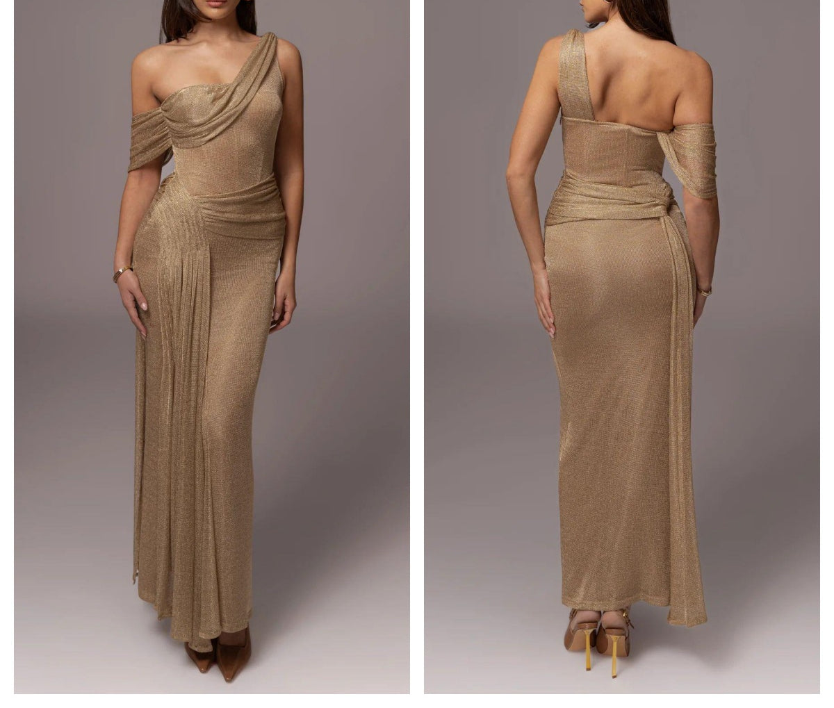 One-Shoulder Backless Slim-Fit Flash Gold Pleated Long Evening Dress Women's Banquet Party Dress