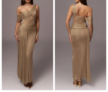 One-Shoulder Backless Slim-Fit Flash Gold Pleated Long Evening Dress Women's Banquet Party Dress