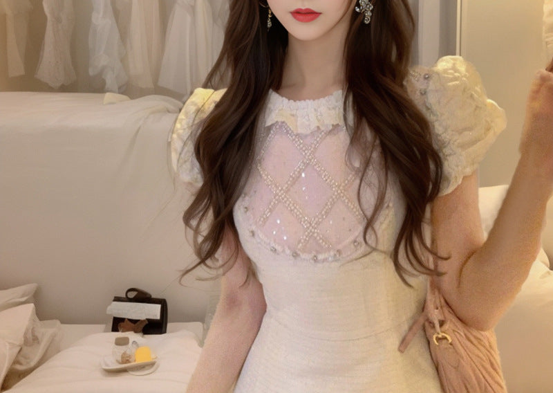 Heavy Craft French Handmade Beaded High-End Dress for Women Summer Ruffle Puff Sleeve Short Fairy Dress
