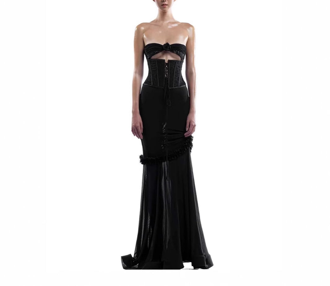 Thai Design Sense Strapless Hollow Waist-Cinching Beach Long Dress