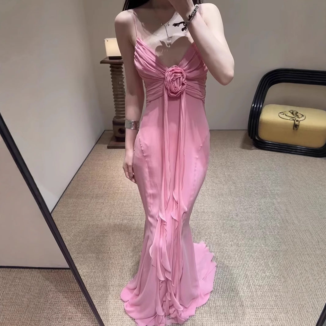 Blumarine South French Temperament Dress Women's Summer High-Grade V-neck Fitted Waist Backless French Suspender Dress Long Skirt
