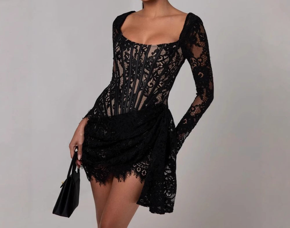 Long Sleeve Sexy Lace Mesh Corset Waist Dress Autumn Winter New Short Dress