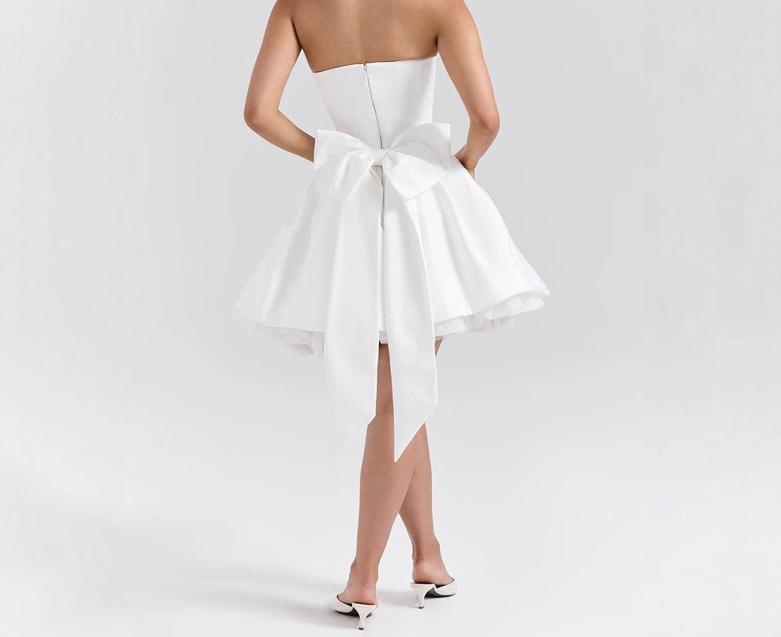 White Bow Swing Strapless Dress Ballet Style Short Dress Dress